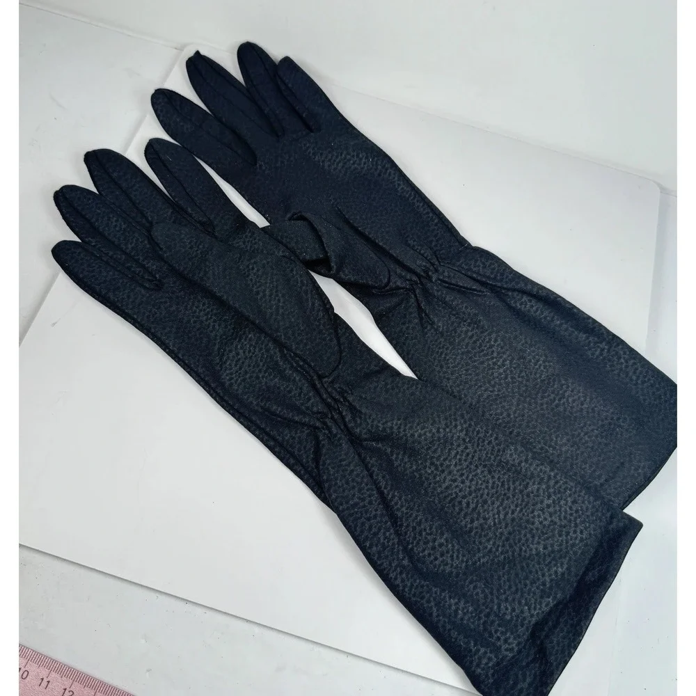 VTG 1950s Black Leopard Nylon Long Dress Gloves Size B Made In USA Opera Evening